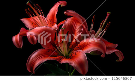 Macro close up shot red Tiger Lily flower isolated on black background. Macro close up shot red Tiger Lily flower isolated on black background. 115646807