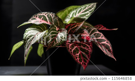 Nerve plant fitonia on a pot lush vein leaf indoor and home plant on black background. Nerve plant fitonia on a pot lush vein leaf indoor and home plant on black background. 115646858