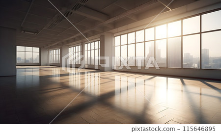 Large empty open space office or apartment loft high rise building with glass window surround it with city view beautiful evening city sunset. 115646895