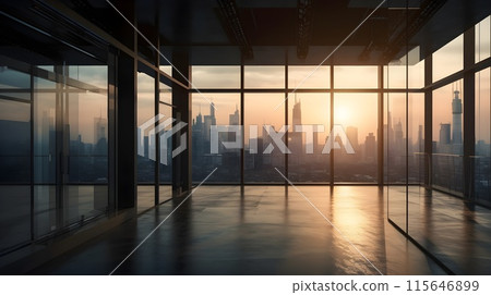 Large empty open space office or apartment loft high rise building with glass window surround it with city view beautiful evening city sunset. 115646899