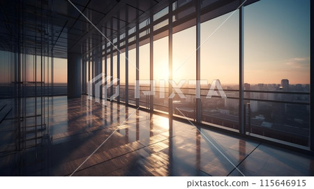 Large empty open space office or apartment loft high rise building with glass window surround it with city view beautiful evening city sunset. Large empty open space office or apartment loft high rise building with glass window surround it with city view beautiful evening city sunset. 115646915