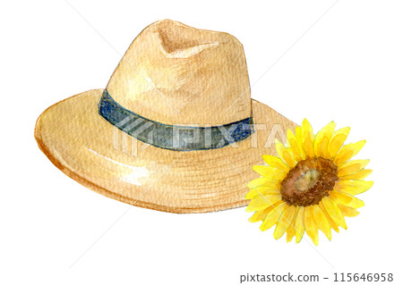 Watercolor illustration: Straw hat and sunflowers 115646958