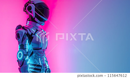 AI-generated item. 3d robot in neon light. Futuristic concept.	 115647612