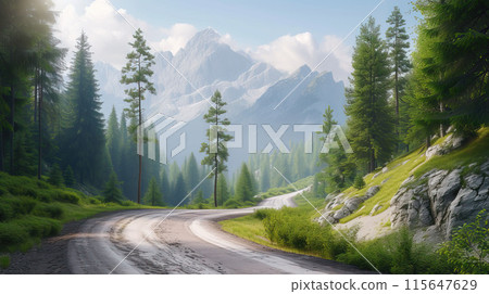 mountain, forest, road 115647629