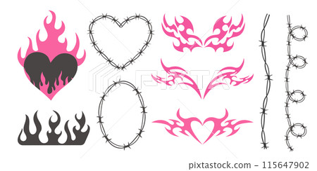 Neo tribal pink emo heart, wings and flame y2k aesthetic tattoo gothic, fire or wings abstract silhouette isolated on background. Divider, border, cyber body ornament, neotribal web goth decoration Neo tribal pink emo heart, wings and flame y2k aesthetic tattoo gothic, fire or wings abstract silhouette isolated on background. Divider, border, cyber body ornament, neotribal web goth decoration 115647902
