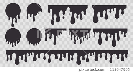 Dripping Paint molten splash, liquid flow abstract shape stain isolated on transparent background. Fluid trickle, border or stencil. 115647905