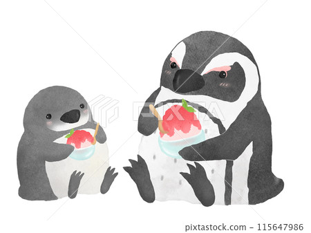 Penguin parents and child with strawberry shaved ice Penguin parents and child with strawberry shaved ice 115647986