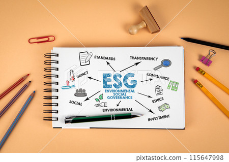 ESG ENVIRONMENTAL SOCIAL GOVERNANCE. Notepad and office supplies on a light background 115647998