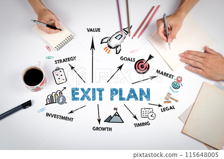 EXIT PLAN Concept. The meeting at the white office table 115648005