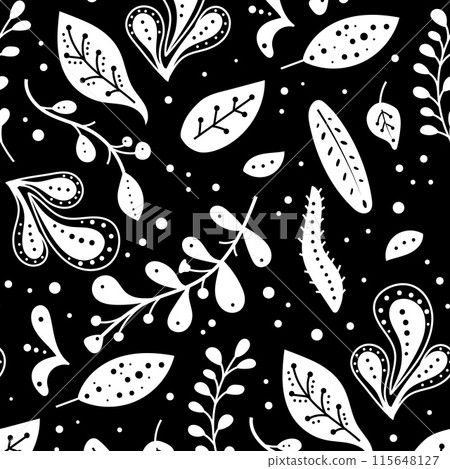 Seamless neo folk art vector pattern with flowers, black and white floral design. Neo folk style endless background perfect for textile design. Seamless neo folk art vector pattern with flowers, black and white floral design. Neo folk style endless background perfect for textile design. 115648127