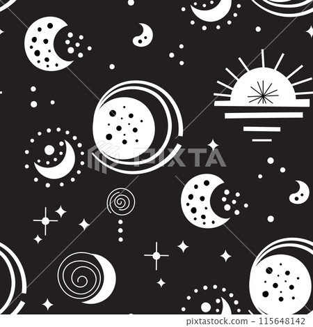 Seamless neo folk patterns with moon, cloud, sun and stars, black and white celestial design. Set Neo folk style endless backgrounds perfect for textile design. Seamless neo folk patterns with moon, cloud, sun and stars, black and white celestial design. Set Neo folk style endless backgrounds perfect for textile design. 115648142