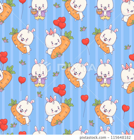 Seamless pattern with rabbit with carrot and balloons, beach bunny boy with tropical cocktail on striped blue background. Cute kawaii animal character. Vector illustration. Kids collection 115648182