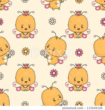 Seamless pattern with cute butterfly girl princess and insect with chamomile flower on light beige background. Vector illustration. Cartoon animal kawaii character. Kids collection. 115648188