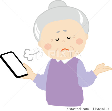 拿著智慧型手機嘆息的祖母的上半身 拿著智慧型手機嘆息的祖母的上半身 115648194