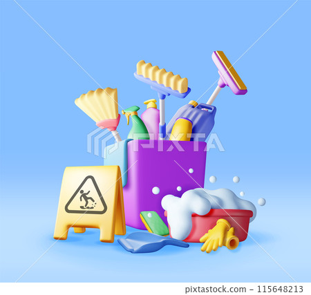 3D set of home cleaning tools isolated 115648213