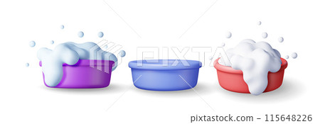 3d set of plastic bucket with soapy foam and empty 115648226