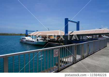 Blue sea and blue sky July Taketomi Island 01 Boarding boat to Taketomi Island Okinawa Yaeyama Islands 115648228