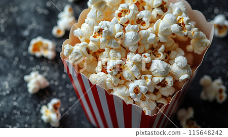 Close up of popcorn in a red and white striped paper box on a dark background, with high resolution 115648242