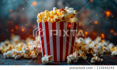 A red and white striped popcorn box with scattered popcorn, illuminated in the style of cinematic lights 115648244