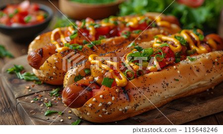 A photo of hot dogs with mustard, tomato sauce and fresh herbs on top. 115648246