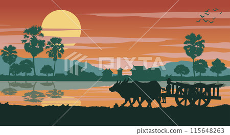 Life style of Asean in the morning while cow cart ahead to do work 115648263