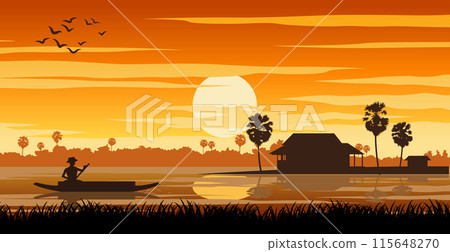 Rural life with man paddle boat and hut in sunset time Rural life with man paddle boat and hut in sunset time 115648270