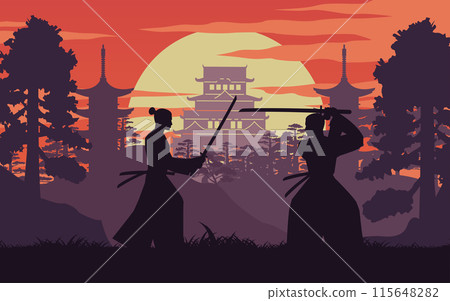 Silhouette design of Samurai warrior of Japan are fighting 115648282