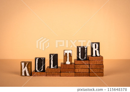 Culture word in German. Wooden alphabet letters on a light background Culture word in German. Wooden alphabet letters on a light background 115648378