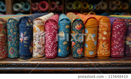 "Vibrant Fabric Rolls Display" "Vibrant Fabric Rolls Display" 115648410