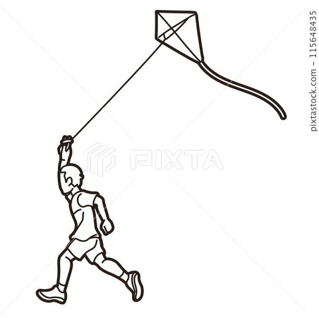 A Boy Running Fly a Kite Child Playing Outline Cartoon Sport Graphic Vector 115648435