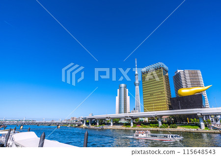 Tokyo cityscape in Japan: contrails...Tokyo Skytree, contrails, cherry blossoms, and the Liberty Express train all stand out against the blue sky. 115648543