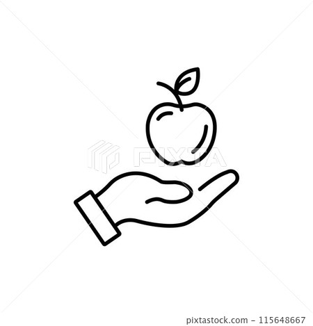 Apple in hand icon. Hand holding an apple, logo on white background. 115648667