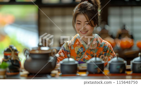 A food tour participant enjoying a traditional Japanese tea ceremony, appreciating the delicate flavors and cultural significance of the ritual. woman in kimono 115648750