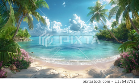 Beautiful tropical beach with palm trees and turquoise sea water on a sunny day, Seychelles. Honey colored sand. Beautiful seascape background for a summer vacation concept or travel advertising 115648781
