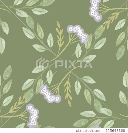 White oregano and soft green branches with leaves. Seamless watercolor pattern for fabric, wallpaper, wrapping paper, packaging cosmetics, tablecloths, curtains and home textiles. 115648868