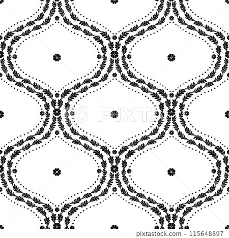 Seamless pattern with black floral ogee geometrical motifs on a white background 115648897