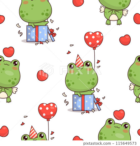 Seamless pattern with frogs birthday boy with balloons and gift on white background. Cute kawaii animal character. Vector illustration. Kids collection. 115649573