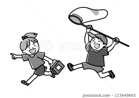 孩子們興高采烈地捉昆蟲_單色 115649603