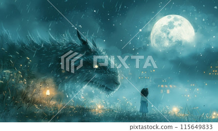 Enchanting nighttime scene with a girl and a dragon under the moonlight with raindrops and a mystical atmosphere. 115649833