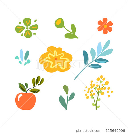 set featuring isolated minimalistic branches, flowers, and delicate leaves. Perfect for print, decoration, poster printing, and home decor. set featuring isolated minimalistic branches, flowers, and delicate leaves. Perfect for print, decoration, poster printing, and home decor. 115649906