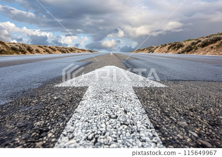 Close-up of a white arrow painted on a wet asphalt road 115649967