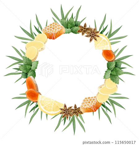 Lemon, turmeric, ginger, honey, spearmint and anise stars with green lemongrass round wreath watercolor illustration isolated on white. Organic citrus mix for herbal tea Lemon, turmeric, ginger, honey, spearmint and anise stars with green lemongrass round wreath watercolor illustration isolated on white. Organic citrus mix for herbal tea 115650017