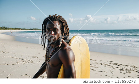 Young African American male surfer with surfboard on sandy coast near ocean 115650278