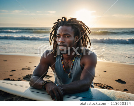 Young African American male surfer with surfboard on sandy coast near ocean 115650354