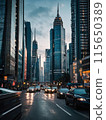 Modern cityscape with tall skyscrapers and busy street 115650389