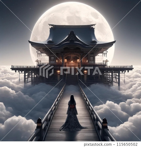 The moon, clouds, shrine and woman 115650502