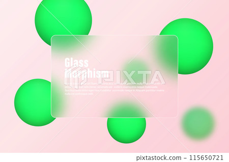 Rectangular glass banner with blurry floating green spheres. Background in glass morphism style. 115650721