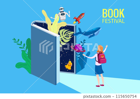 Book Festival Fair concept, girl open huge book 115650754