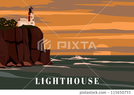 Lighthouse tower, beacon on seashore ocean, sunset 115650755