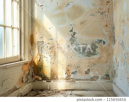mold flourishing in the damp corner of a room, the walls stained and peeling, illustrating the consequences of poor ventilation and moisture control in buildings mold flourishing in the damp corner of a room, the walls stained and peeling, illustrating the consequences of poor ventilation and moisture control in buildings 115650858